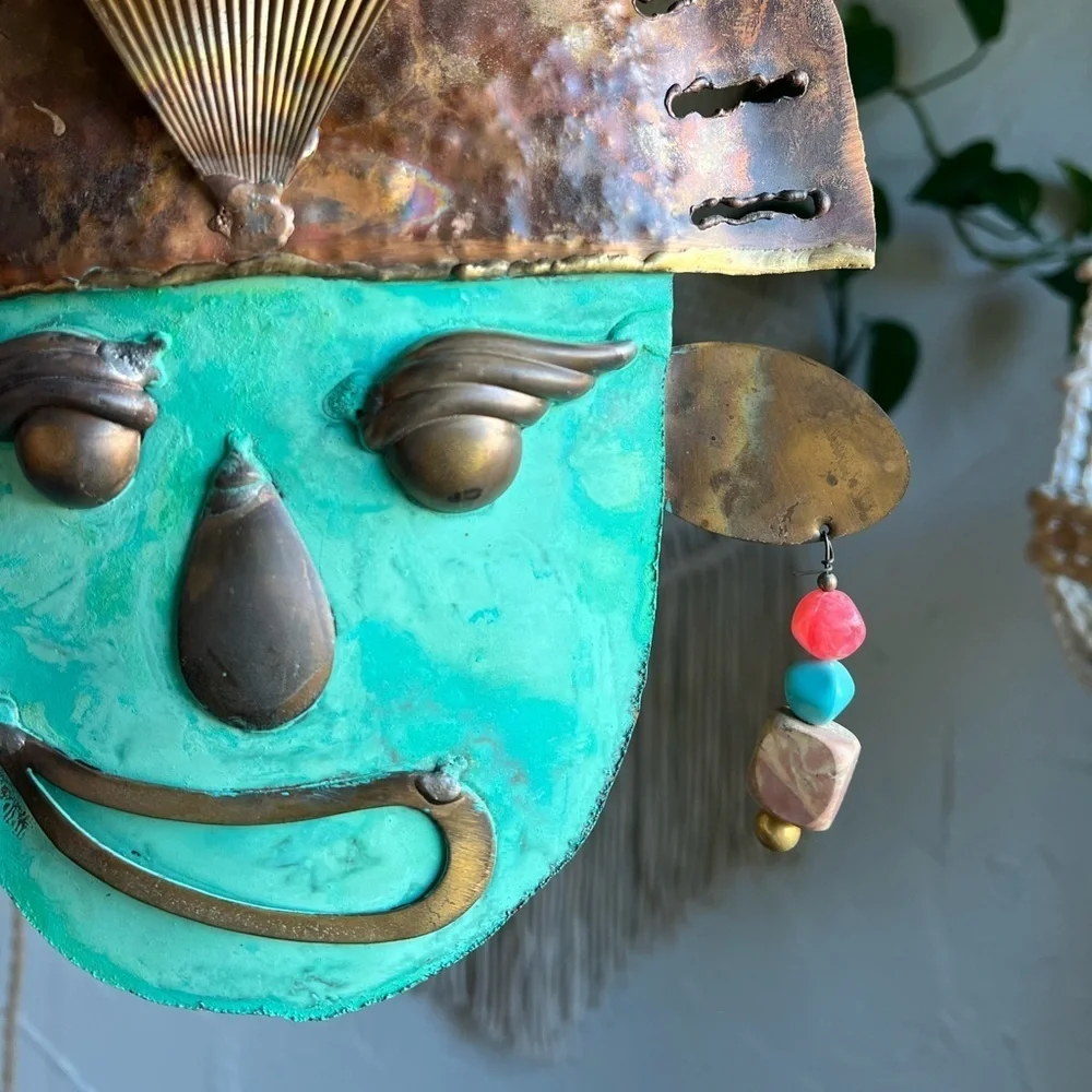 🇲🇽 Vintage Mexican Copper & Brass Folk Art Mask Handcrafted Wall Hanging Boho